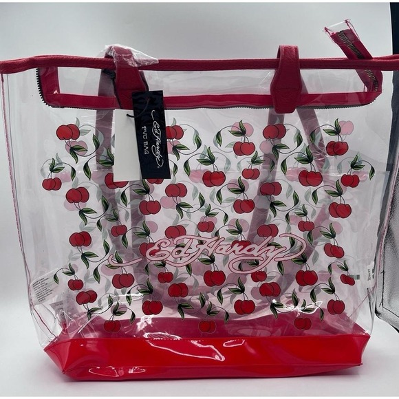 Ed Hardy Handbags - Ed Hardy Clear PVC Tote Bag Red‎ Cherry Print Beach Pool Travel Bag NWT